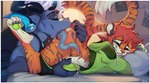 ambiguous_fluids anal anthro bed bedroom blush bodily_fluids bottomwear butt claws clothed clothing drooling duo erection fur furniture genital_fluids genitals green_penis hair horn humanoid_genitalia inside licking male male/male male_rimmed open_mouth oral orange_body orange_fur pants penis piercing pillow poster rimming rimming_male saliva sex simple_background stripes sweater tail tongue topwear translucent x-ray_view spirale trace_(nrg900) felid mammal pantherine tiger alternate_version_at_source digital_media_(artwork) hi_res