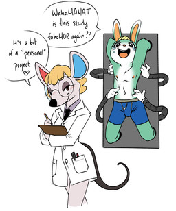 anthro asking asking_another asking_what black_necktie black_nose black_tail blonde_hair blue_boxer_briefs blue_clothing blue_inner_ear blue_underwear blush blush_lines bodily_fluids boxer_briefs boxer_briefs_only brown_eyes bulge clipboard closed_smile clothed clothed_anthro clothed_female clothing coat crying_laughing dialogue duo eyelashes eyewear female fur glasses green_body green_fur hair heart_symbol holding_clipboard holding_object holding_pencil lab_coat laugh male male/female mostly_nude_anthro mostly_nude_male mouth_closed multicolored_body multicolored_fur narrowed_eyes navel necktie nipples open_mouth open_smile pecs pencil_(object) pockets red_inner_ear restrained robot_arms simple_background smile speech_bubble tail talking_to_another tears teeth text tickle_fetish tickle_torture tickling tickling_armpits tickling_belly tickling_machine tickling_sides tongue topless topless_anthro topless_male topwear underwear underwear_only wearing_glasses white_background white_body white_clothing white_coat white_fur white_lab_coat white_topwear bluebun animal_crossing nintendo petri_(animal_crossing) sasha_(animal_crossing) lagomorph leporid mammal mouse murid murine rabbit rodent absurd_res english_text hi_res