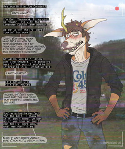 1_horn anthro clothed clothing dialogue drunk facial_hair fur hair hairy horn male mature_male mustache open_mouth photo_background redneck solo southern substance_intoxication text droptineart billie_joe_cunnart canid canine deer fox hybrid mammal new_world_deer white-tailed_deer digital_media_(artwork) english_text hi_res mixed_media photography_(artwork)