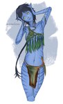 black_hair blue_body bottomwear bracelet clothing female hair jewelry knife loincloth navel necklace rattail_(hairstyle) simple_background solo stripes yellow_eyes milinafoxy james_cameron's_avatar kiri_(avatar) alien alien_humanoid animal_humanoid felid felid_humanoid feline feline_humanoid humanoid hybrid mammal mammal_humanoid na'vi 2023 better_version_at_source hi_res signature