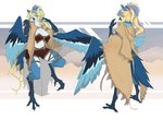 2023 4_claws 4_toes anisodactyl anthro arms_bent avian avian_feet beak bent_legs biped bird blonde_hair blue_arms blue_beak blue_body blue_claws blue_ears blue_feathers blue_feet blue_hair blue_toe_claws blue_toes blue_wings breasts chinese_description claws cleavage clothed clothed_anthro clothed_female clothing cmuhui english_description eyebrow_through_hair eyebrows eyelashes facial_markings feather_tuft feathers feet female female_anthro full-length_portrait hair head_markings hi_res lidigeneer_(lidigeneer) long_hair looking_at_viewer markings multicolored_hair multiple_poses navel neck_tuft non-mammal_breasts open_mouth portrait pose solo standing tail tail_feathers talons thin_eyebrows three-quarter_view toe_claws toes translucent translucent_hair tuft two_tone_hair wings
