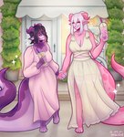 anthro beverage big_tail breasts bubble_tea cleavage clothed clothing detailed_background dress duo eyes_closed feet female hair hand_holding heart_symbol horn long_dress ponytail sharp_teeth smile sparkles tail teeth toes majo mythology lilikoi_gumi lychee_gumi dragon mythological_creature mythological_scalie scalie hi_res gynomorph_(lore) sibling_(lore) sister_(lore) sisters_(lore)