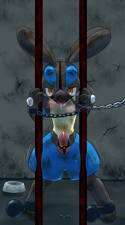 amber_eyes animal_genitalia animal_penis anthro ball_gag bdsm black_body black_fur blue_body blue_fur blush bodily_fluids bondage bound bowl cage canine_genitalia canine_penis chain chain_leash container cuff_(restraint) dirty dungeon erection fur gag gagged genitals handcuffs harness knot leash looking_down male metal_cuffs penis pet_bowl petplay restraints roleplay shackles slave solo submissive submissive_male tears yellow_body yellow_fur kurohane_karasu nintendo pokemon canid canine generation_4_pokemon lucario mammal pokemon_(species) 2014 digital_media_(artwork) hi_res