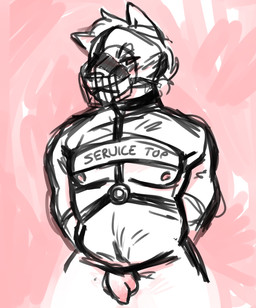 anthro balls bdsm bondage bound flaccid front_view genitals harness head_tuft humanoid_genitalia humanoid_penis male male_anthro mouth_closed muzzle_(object) muzzled narrowed_eyes nipples penis pubes simple_background solo standing tuft lionfloof canid canine mammal portrait sketch three-quarter_portrait