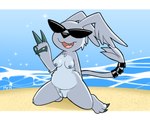 anthro beach breasts claw_fingers claws day detailed_background eyewear eyewear_only female fur genitals gesture grey_body grey_fur hand_gesture kneeling nipples nude nude_beach open_mouth outdoor_nudity outside pussy smile solo spread_legs spreading sunglasses sunglasses_only tail v_sign water el_senor_erizo bandai_namco digimon digimon_(species) gazimon 5:4 hi_res