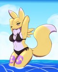 anthro beach biped black_clothing black_sclera blue_eyes breasts clothing female fur markings neck_tuft seaside solo swimwear tuft two-piece_swimsuit wet yellow_body yellow_fur yin_yang travis_mayer bandai_namco digimon canid digimon_(species) mammal renamon 4:5 absurd_res hi_res