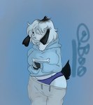 :t anthro big_breasts biped black_clothing black_ears black_gloves black_handwear black_tail blue_background blue_clothing blue_hoodie blue_panties blue_topwear blue_underwear blush bottomwear bottomwear_down breasts clothed clothing dark_body dark_fur female fur gloves grey_background grey_bottomwear grey_clothing grey_pants hair hair_over_eye handwear hoodie multicolored_hair one_eye_obstructed panties pants pants_down partially_clothed sagging_pants shirt simple_background solo standing tail topwear two_tone_hair underwear wardrobe_malfunction white_body white_fur max_(artist) pepper_(puppkittyfan1) canid canine canis domestic_dog mammal 2022 digital_media_(artwork) portrait three-quarter_portrait