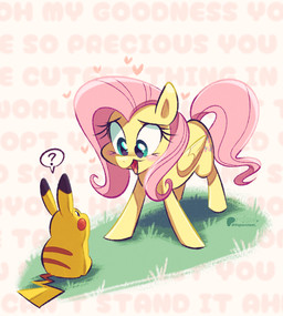 ambiguous_gender blush dialogue duo feathered_wings feathers feral grass green_eyes hair looking_down looking_up open_mouth pink_hair plant quadruped simple_background smile tail text wings yellow_body vaporotem friendship_is_magic hasbro my_little_pony mythology nintendo pokemon fluttershy_(mlp) equid equine generation_1_pokemon mammal mythological_creature mythological_equine pegasus pikachu pokemon_(species) 2026 digital_media_(artwork) english_text hi_res