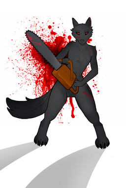 black_body black_eyes black_fur blood blood_on_body blood_on_face blood_on_fur blood_splatter bodily_fluids chainsaw fur gore male power_tool red_eyes shadow tools bedsheetwalking canid canine canis mammal wolf absurd_res hi_res