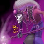 3_fingers blue_eyes clothed clothing dress fingers glowing hair jewelry long_ears magic magic_user mask not_furry purple_body purple_motif purple_skin solo staff topless topwear vest white_hair teka dota valve dazzle_(dota) humanoid troll_(mythology) 1:1