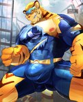 abs anthro barazoku belt big_bulge big_butt big_pecs blonde_hair blue_clothing blue_eyes bulge butt city clothing costume erect_nipples fist fur hair huge_bulge inner_ear_fluff looking_at_viewer male mask muscular muscular_male nipples one_eye_closed orange_body orange_fur outside pecs smile smirk solo spandex spread_legs spreading standing stripes superhero tail thick_thighs tight_clothing torn_clothing tuft wardrobe_malfunction wide_stance wink xviizentrix super-nova vince_(super-nova) felid mammal pantherine tiger 2023 absurd_res colored digital_media_(artwork) hi_res signature