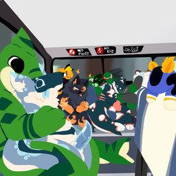 abdominal_bulge ambiguous_gender animal_genitalia antennae_(anatomy) anthro balls beverage blep blue_body blue_fur blue_penis blue_tongue blurred_background brown_ears bus commercial_vehicle crown diamond_(marking) drinking exhibitionism eye_contact eyeless eyes_closed facial_scar fluffy fluffy_ears fur genitals gradient_penis green_body green_fur grey_body grey_fur group headgear holding_another horn hunched_over inner_ear_fluff knot laid_back looking_at_another machine male male/male markings masturbation multicolored_body multicolored_fur neck_tuft orange_body orange_eyes orange_fur orange_inner_ear_fluff orange_tongue penetration penis public public_masturbation public_nudity public_sex scar seat sex sheath sheathed_tapering_penis sign sitting sitting_on_another size_difference sleeping soda sound_effects spots spotted_markings star tail tan_body tan_fur tan_inner_ear_fluff tapering_penis text tongue tongue_out tuft vehicle visor vowelless vowelless_sound_effect window yellow_body zzz crime_toaster crime_(crime_toaster) reef_(crime_toaster) stritte tiburon_(crime_toaster) amphibian aquatic aquatic_gastropod arthropod axolotl bee canid canine canis fish gastropod hymenopteran insect mammal mantled_beast mole_salamander mollusk protogen salamander sea_slug shark slug wolf 1:1 hi_res