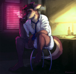 anthro cigarette clean_diaper clothed clothing diaper furniture male necktie open_clothing open_shirt open_topwear shirt sitting solo stool tail topwear wearing_diaper flax_(artist) mythology chuck_(flaxseed) asinus donkey dragon equid equine mammal mythological_creature mythological_scalie scalie hi_res
