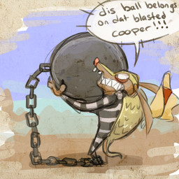 anthro ball_and_chain bound brown_body brown_skin buckteeth chain claws clenched_teeth clothing cowboy_hat cuffed_ankles dialogue hat headgear headwear holding_object long_ears male pivoted_ears prison_uniform prisoner sand scales sharp_teeth sky solo speech_bubble tail tan_body tan_scales teeth text stormful sly_cooper_(series) sony_corporation sony_interactive_entertainment sucker_punch_productions toothpick_(sly_cooper) armadillo mammal xenarthran 1:1 2013 english_text low_res