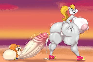 anthro areola balls big_balls big_breasts big_butt big_penis blonde_hair blue_eyes bodily_fluids breasts butt clothing cum erection female footwear genital_fluids genitals grey_body hair half-closed_eyes hand_on_butt hands_behind_head holding_butt huge_balls huge_breasts huge_butt huge_penis hyper hyper_balls hyper_breasts hyper_genitalia hyper_penis larger_female looking_back male multicolored_body narrowed_eyes nipples penis pink_areola pink_nipples ponytail shoes size_difference small_but_hung smaller_male two_tone_body vulva ber00 conker's_bad_fur_day rareware berri conker ground_squirrel mammal rodent sciurid tree_squirrel 3:2 hi_res