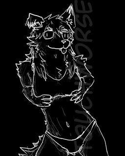 anthro arm_tuft belly black_arms black_eyes black_hair black_legs black_nose black_paws breasts clothing dipstick_ears ear_markings facial_tuft female hair holding_object leg_tuft long_hair looking_at_viewer markings multicolored_ears navel panties solo standing tail teeth tuft underwear touchworse voida canid canine canis mammal wolf hi_res monochrome sketch
