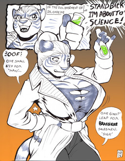 anthro big_breasts blush bottomwear breast_expansion breasts cleavage clothed clothing coat curvy_figure dialogue expansion eyewear female fingerless_(marking) fur glasses growth hair hair_bun hand_on_hip holding_object huge_breasts lab_coat laboratory_equipment laboratory_glassware looking_down pants science scientific_instrument shirt simple_background solo striped_body striped_fur stripes test_tube text topwear torn_clothing voluptuous white_outerwear max_blackrabbit felid mammal pantherine tiger 2018 comic digital_media_(artwork) english_text hi_res marker_(artwork) mixed_media spot_color traditional_media_(artwork)