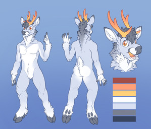 5_finger_fingering 5_fingers anthro antlers bangs biped blue_body blue_fur butt cloven_hooves color_swatch fingers fur hair hooves horn looking_at_viewer male male_anthro monotone_background navel nipples nude nude_anthro nude_male open_mouth open_smile orange_antlers pose short_hair simple_background smile solo standing tasteful_nudity unguligrade bonefluff cirrus_(nightantlers) deer mammal 2021 digital_drawing_(artwork) digital_media_(artwork) flat_colors full-length_portrait headshot_portrait hi_res model_sheet portrait