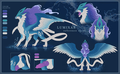 blue_body feathers fur genitals hair knot open_mouth pawpads paws penis purple_eyes purple_hair purple_penis side_view text dead.akira mythology nintendo pokemon avian generation_2_pokemon gryphon hybrid legendary_pokemon mythological_avian mythological_creature pokemon_(species) suicune english_text model_sheet portrait