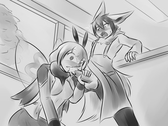 antennae_(anatomy) anthro balls blush bodily_fluids breasts clothed clothing cum cum_in_mouth cum_inside duo ejaculation fellatio female genital_fluids genitals hair hand_on_penis jacket male male/female oral penile penis sex topwear window wings tetsushi nintendo pokemon fan_character keith_wilson eeveelution generation_1_pokemon generation_7_pokemon jolteon pokemon_(species) ribombee 4:3 hi_res monochrome