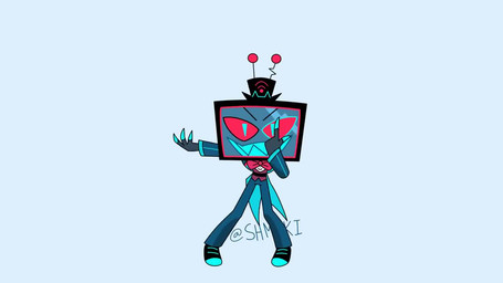 4_fingers antennae_(anatomy) black_tie_(suit) blue_background blue_clothing bottomwear bow_tie chibi clothing coat_tails crossed_legs dancing electronics eyes_closed fingers fist flat_screen flat_screen_television footwear for_a_head gesture grin hand_behind_back hand_gesture happy hat headgear headwear hypnotic_eyes jumping leaning leaning_forward long_sleeves looking_at_viewer looking_down male music narrowed_eyes one_eye_closed open_mouth open_smile pants pattern_clothing pointing pose raised_arm raised_arms raised_leg red_eyes screen screen_face sharp_teeth shoes simple_background singing smile smirk solo spinning standing striped_clothing stripes suit teeth television top_hat waving wink shmoki hazbin_hotel hellaverse shukusei!!_loli_kami_requiem vox_(hazbin_hotel) humanoid object_head screen_head tv_head 16:9 2d_animation animated frame_by_frame short_playtime signature sound webm widescreen