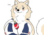 anthro areola beverage big_breasts blush bodily_fluids breasts clothing female huge_breasts nipples object_between_breasts soda solo sweat wardrobe_malfunction buraian287 laika_(buraian287) canid canine canis domestic_dog mammal shiba_inu spitz