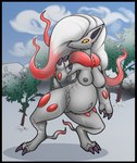 anthro areola belly big_belly breasts claws female fur grey_areola grey_body grey_fur grey_nipples hair navel nipples nude outside pregnant pregnant_anthro pregnant_female red_body red_fur solo toe_claws white_body white_fur white_hair bastiel nintendo pokemon generation_8_pokemon hisuian_form hisuian_zoroark pokemon_(species) regional_form_(pokemon) hi_res