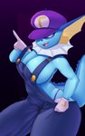 anthro big_breasts breasts cleavage clothed clothing cosplay fangs female fingers gloves handwear hat headgear headwear looking_at_viewer overalls simple_background solo teeth faejunkie mario_bros nintendo pokemon waluigi eeveelution generation_1_pokemon pokemon_(species) vaporeon 2022 5:8 absurd_res digital_media_(artwork) hi_res