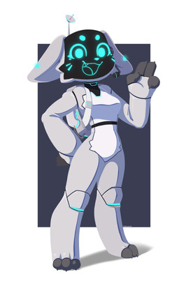 antennae_(anatomy) anthro backpack breasts fangs feet female floppy_ears gesture grey_body hand_gesture machine open_mouth radar_dish satellite_dish screen screen_face solo teeth v_sign miakameron domestic_cat felid feline felis mammal robot robot_anthro 2025 absurd_res hi_res