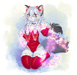 accessory anthro arm_warmers armwear blue_eyes blush bow_ribbon braided_hair christmas_decorations christmas_lights clothing female fluffy fluffy_tail fur hair hair_accessory hair_bow hair_ribbon holidays leg_warmers legwear leotard looking_at_viewer markings pawpads pigtails ribbons ring_(marking) ringed_tail sitting_on_knees solo string_lights striped_markings striped_tail stripes tail tail_markings twin_braids white_body white_fur white_hair gimka christmas felicia_(crimsir) domestic_cat felid feline felis mammal hi_res