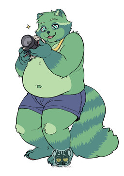 4_fingers 5_fingers anthro bent_legs bottomwear camera claws clothing fingers fur green_body green_fur holding_object male navel open_mouth overweight overweight_anthro overweight_male shorts solo teeth toe_claws tongue maaudaan_tg fred_(fredrick_brennan) mammal procyonid raccoon absurd_res digital_media_(artwork) hi_res