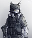 ambiguous_gender anthro armor body_armor clothing fur gun headgear helmet inner_ear_fluff looking_at_viewer police police_uniform ranged_weapon rifle simple_background solo tuft uniform weapon white_body white_fur yellow_eyes endjfcar hartman_(hunglee) felid feline lynx mammal 2018 hi_res