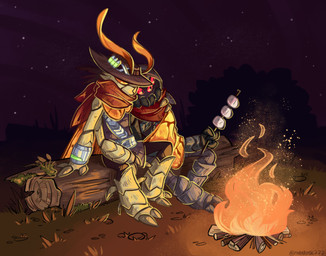 anthro campfire cuddling duo male male/male ratatosk777 brawlhalla reno_(brawlhalla) widowmaker_reno_(brawlhalla) arachnid arthropod hymenopteran insect spider wasp hi_res