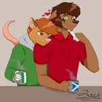 anthro beverage blue_eyes brown_body brown_eyes brown_fur brown_hair brown_markings clothing coffee coffee_mug container cup digit_ring duo eye_contact fur hair hand_holding heart_symbol heterochromia holding_container holding_cup holding_mug holding_object hug hugging_another hugging_from_behind irish_flag jewelry looking_at_another male male/male markings married_couple mature_male mug notched_ear orange_body orange_fur orange_hair raised_tail ring romantic romantic_ambiance scottish_flag sweater tail text topwear wedding_ring whiskers white_body white_fur white_markings yellow_sclera zer0rebel4 discord_(app) mythology patreon thomas_ii_(zer0rebel4) timothy_(zer0rebel4) american_opossum canid canine canis mammal marsupial mythological_canine mythological_creature werecanid werecanine werecreature werewolf wolf 2023 absurd_res hi_res url