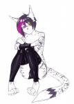 anthro biped bulge clothing collar femboy fur grabbing hair legwear long_socks long_tail looking_at_viewer male orange_eyes panties purple_hair sitting solo tail teasing underwear mishabahl arlen_tawny domestic_cat felid feline felis lynx mammal absurd_res black_and_white hi_res monochrome sketch