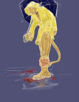 ambiguous_gender anthro blood bodily_fluids clothing coat death extreme_size_difference feet female green_eyes group imminent_death imminent_stomp kneeling macro micro raincoat size_difference standing tail topwear trio umbrella yellow_raincoat jeri_kleinlowe ambiguous_species felid lion mammal pantherine 2010