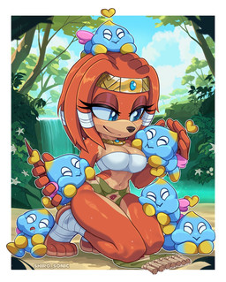 anthro blue_eyes bodily_fluids bottomwear breasts cleavage clothed clothing detailed_background drooling eyes_closed female forest fur group hair holding_another kneeling loincloth navel open_mouth orange_body outside plant saliva size_difference sleeping smile tail topwear tree water waterfall shiro_sonic sega sonic_adventure sonic_the_hedgehog_(series) tikal_the_echidna chao_(sonic) echidna eulipotyphlan mammal monotreme digital_media_(artwork) hi_res