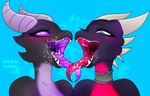 anthro black_body blue_background blue_eyes bodily_fluids cheek_spikes countershading cum cum_on_face cum_on_tongue duo facial_spikes female genital_fluids horn mouth_shot open_mouth pink_eyes purple_body purple_countershading purple_sclera purple_tongue red_body red_countershading red_tongue saliva saliva_string sharp_teeth simple_background spikes spikes_(anatomy) teeth tongue uvula white_horn norakaru activision microsoft minecraft mojang mythology spyro_the_dragon xbox_game_studios cynder dragon ender_dragon mythological_creature mythological_scalie scalie hi_res