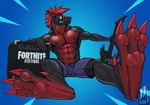 abs amplifier anthro claws clothed clothing electric_guitar feet foot_focus guitar looking_at_viewer male muscular musical_instrument plucked_string_instrument smile solo string_instrument topless iudicium86 epic_games fortnite scalie