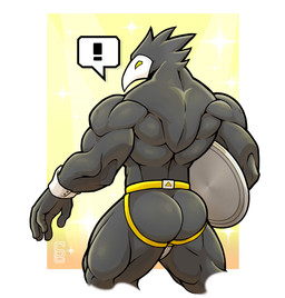 anthro back_muscles biceps black_body black_feathers butt clothing feathers jockstrap male mask mostly_nude muscular muscular_male pose quads serving_tray solo sparkles triceps underwear yellow_eyes solard0gg0 deltarune undertale_(series) avian darkner swatchling hi_res