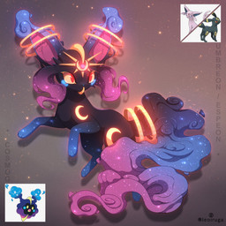 ambiguous_gender cosmic_body crescent_moon_(marking) eyelashes feral markings moon_(marking) paws red_eyes simple_background solo tail text yellow_sclera leoiruga nintendo pokemon cosmog eeveelution espeon generation_2_pokemon generation_7_pokemon hybrid legendary_pokemon pokemon_(species) umbreon 1:1 2026 digital_media_(artwork) english_text hi_res reference_image signature