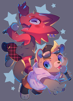 alternative_fashion anthro blush buckteeth chibi choker clothing duo electronics eyewear freckles goth hat headgear headwear hoodie jewelry male microphone necklace red_body red_scales scales sunglasses teeth topwear achakura animal_crossing nintendo c.j._(animal_crossing) flick_(animal_crossing) beaver chameleon lizard mammal reptile rodent scalie absurd_res hi_res