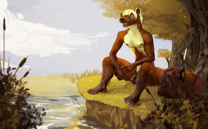 anthro balls barbell_piercing blue_eyes brown_body brown_fur brown_penis casual_nudity cloud detailed_background flaccid foreskin fur genitals grass hair humanoid_genitalia humanoid_penis male male_anthro nipples nude nude_anthro nude_male open_mouth open_smile outside penis piercing pink_penis plant sitting smile solo tail tan_body tan_fur tan_hair teeth tongue tree water whisker_spots whiskers i-psilone carter_reise gulonine mammal marten mustelid musteline pine_marten 2021