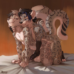 anal anal_penetration anthro balls bed bodily_fluids butt cupping_chin doggystyle duo erection from_behind_position fur furniture genital_fluids genitals grin hair handjob handjob_from_behind handjob_while_penetrating happy happy_sex leaking_precum looking_at_another looking_at_partner male male/male male_penetrated male_penetrating male_penetrating_male nude penetration penile penis precum precum_string reach_around sex simple_background smile tail aiofluff storm_accetta_(stormthesnep) verith_(magazineimp) felid mammal pantherine snow_leopard 1:1 digital_media_(artwork) hi_res