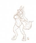 anthro breast_squish breasts canid canine cownugget fan_character featureless_breasts female female_(lore) generation_6_pokemon hand_on_breast holding_breast mammal mega_evolution mega_lucario nintendo nude open_mouth pokemon pokemon_(species) sabah_(radarn) solo squish tongue tongue_out