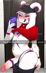 anthro areola balls biped blush bottomwear bottomwear_down cellphone closed_smile clothed clothing clothing_lift electronics employee employee_uniform erection femboy fingers fur genitals glans hat headgear headwear holding_object holding_phone humanoid_genitalia humanoid_penis looking_at_viewer male markings mouth_closed nipples pants pants_down partially_clothed penis phone purple_sclera shirt shirt_lift smile solo standing text thong topwear underwear unprofessional_behavior vein veiny_penis white_body white_eyes white_fur desertkaiju snapchat undertale undertale_(series) asriel_dreemurr_(god_form) bovid caprine goat mammal absurd_res hi_res portrait three-quarter_portrait