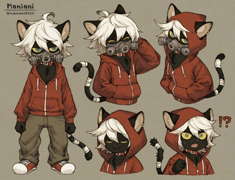 ahoge anthro black_body black_fur black_tail blue_eyes blue_pupils bottomwear clothed clothing collar cute_fangs fangs footwear fully_clothed fur gas_mask grey_bottomwear grey_clothing grey_pants hair hoodie interrobang iris mask open_mouth pants pupils red_clothing red_hoodie red_topwear tail teeth topwear white_hair wraps maniani0122 domestic_cat felid feline felis mammal 2025