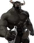 2022 abs anthro balls beard beverage biceps black_hair bodily_fluids bovid bovine cattle deltoids dopq dripping erection facial_hair genital_fluids genitals hair hi_res holding_beverage holding_object horn looking_at_viewer male mammal manly muscular muscular_anthro muscular_male navel nipples pecs penis precum precum_drip simple_background solo standing triceps vein veiny_penis white_background