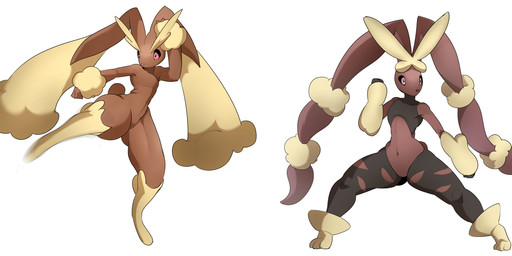 ambiguous_gender anthro big_ears black_clothing black_legwear black_sclera black_topwear bottom_heavy brown_body brown_fur clothing cotton_tail dipstick_ears duo ear_markings eyebrows featureless_chest featureless_crotch front_view fur kick legwear long_ears multicolored_ears pink_eyes pink_nose simple_background tan_body tan_fur thick_eyebrows thick_thighs topwear torn_clothing torn_legwear white_background wide_hips yellow_body yellow_fur argosornstein nintendo pokemon generation_4_pokemon generation_6_pokemon lopunny mega_evolution mega_lopunny pokemon_(species) absurd_res hi_res