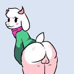anthro backsack balls big_butt blush butt clothed clothing femboy fluffy fluffy_tail fur genitals grey_background hair horn looking_at_viewer looking_back looking_back_at_viewer male scarf simple_background smile solo tail tuft white_body white_fur addzthefur deltarune undertale_(series) ralsei bovid caprine darkner goat mammal aliasing digital_media_(artwork) low_res